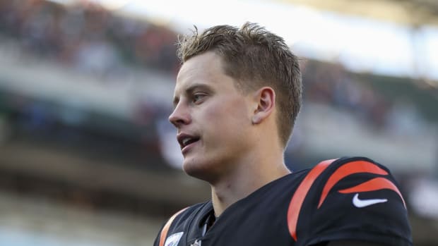 Oct 23, 2022; Cincinnati, Ohio, USA; Cincinnati Bengals quarterback Joe Burrow (9) walks off the field after the victory over the Atlanta Falcons at Paycor Stadium. Mandatory Credit: Katie Stratman-USA TODAY Sports